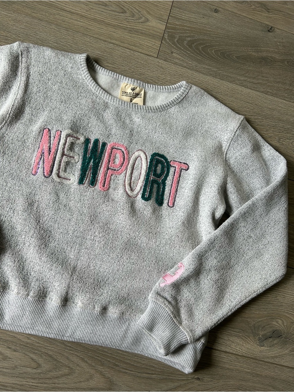 Newport Embroidered Crewneck Sweater - Gray with Pink & Teal Accents Size Large
